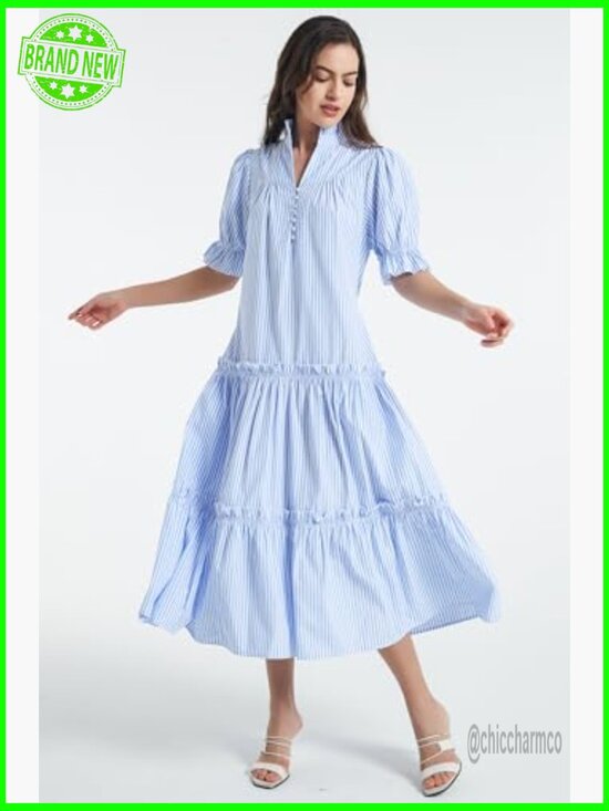 Small Maxi Dress with Puff Sleeves Button Down Tiered V-Neck Flowy - Picture 3 of 7